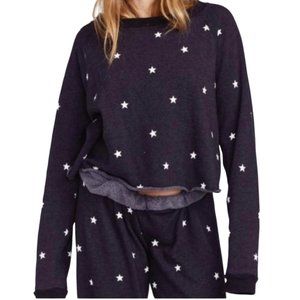 Wildfox Cropped Dark Grey White Star Print Raw Hem Crewneck Pullover Sweatshirt